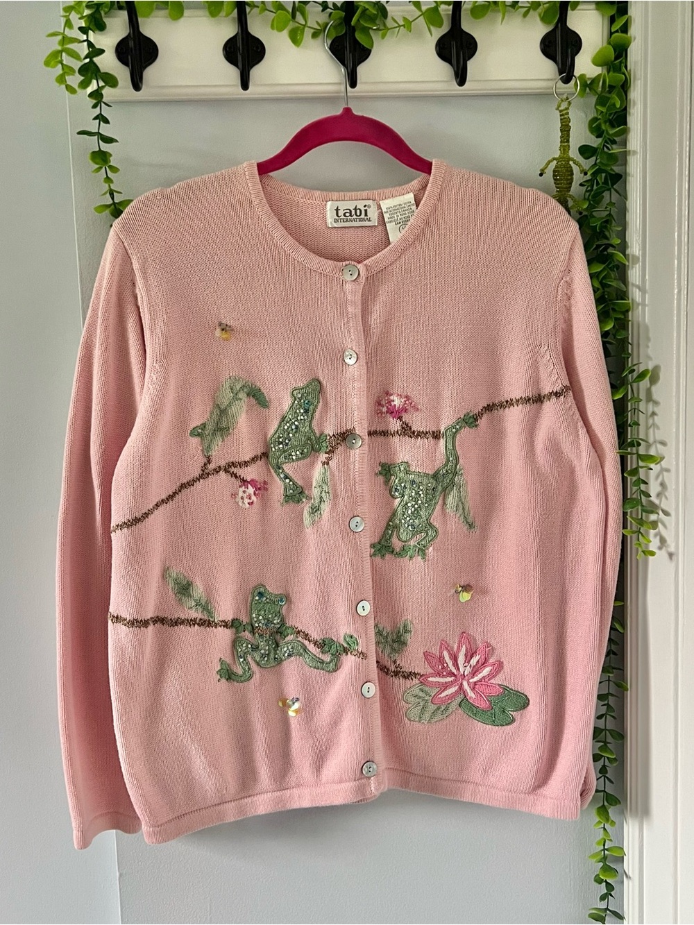 Tabi Pink Embroidered Frog Knit Cotton Cardigan 🪷 🐸